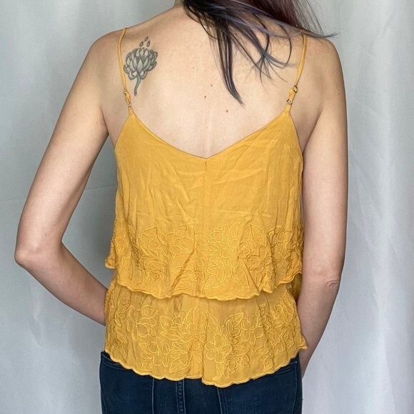 Abbeline Tiered Floral Embroidered Light Tank Top XS Extra Small Mustard Yellow - Picture 3 of 10